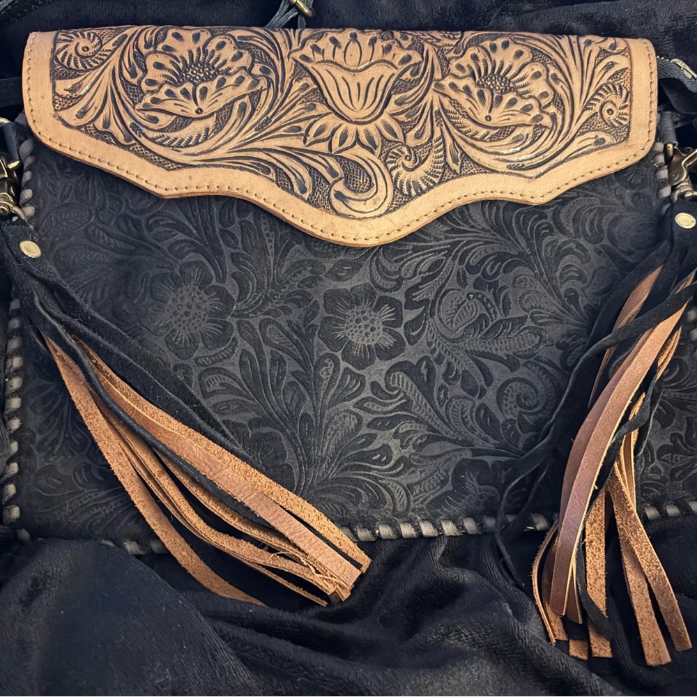 Floral Embossed Black and Tan Leather Bag